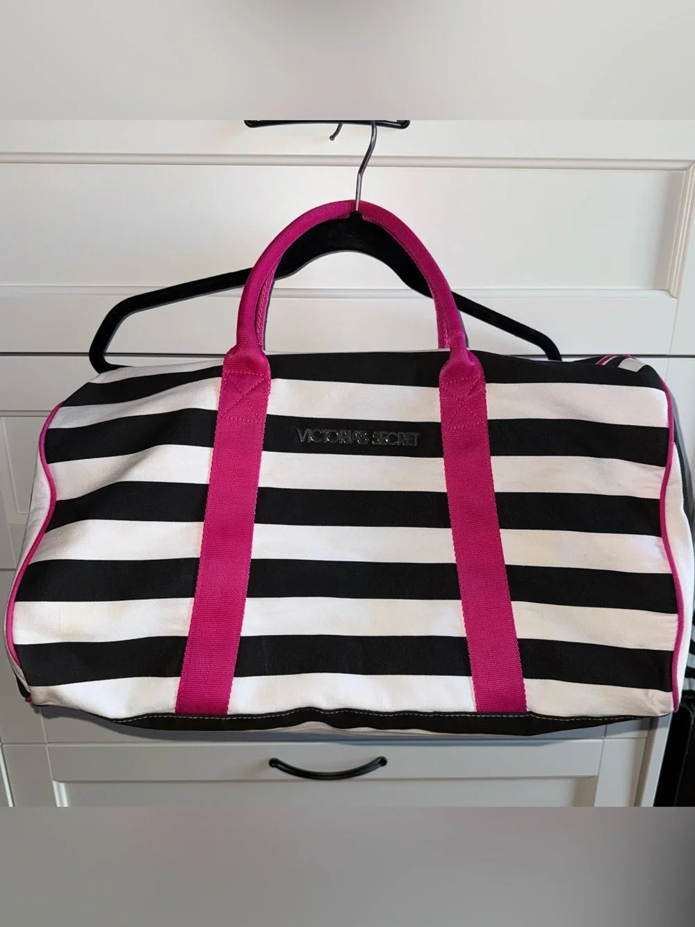 Victoria's Secret Black and White Striped Tote with Hot Pink Handles